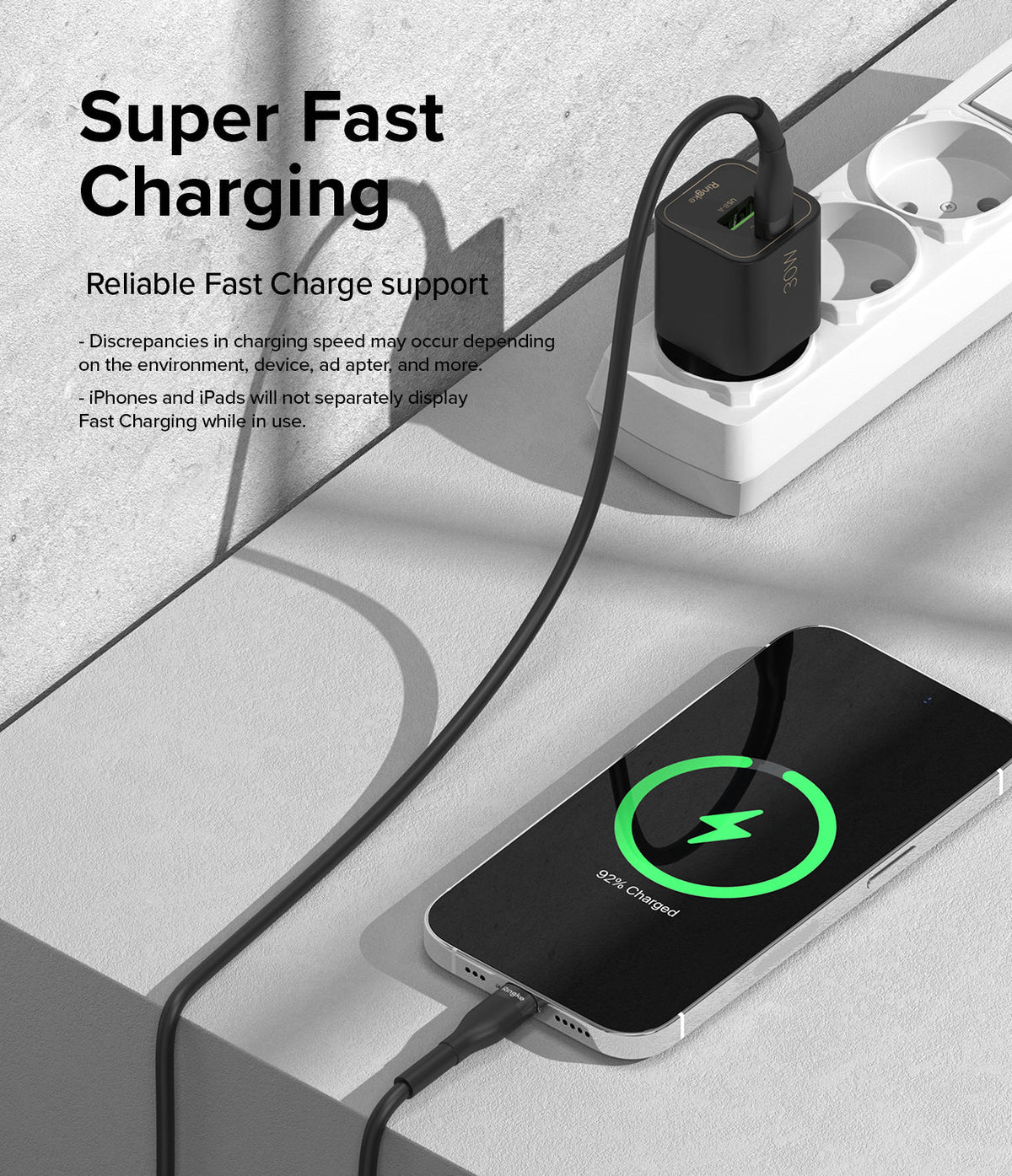 Ringke Fast Charging Pastel Cable - C Type-Lightning - Ringke Fast Charging Pastel Cable - A black charging cable connects a wall adapter to a smartphone showing 92% charge.