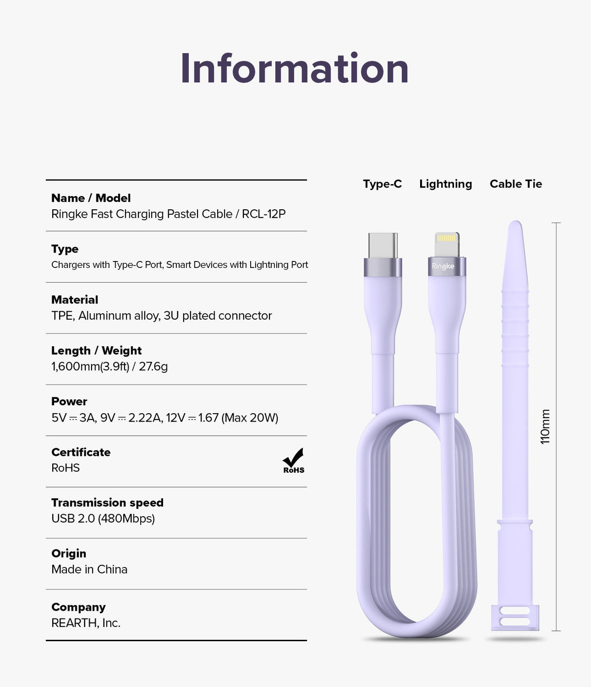 Ringke Fast Charging Pastel Cable - C Type-Lightning - Ringke Fast Charging Pastel Cable - Type-C to Lightning cable in pastel purple with matching cable tie and specs list.