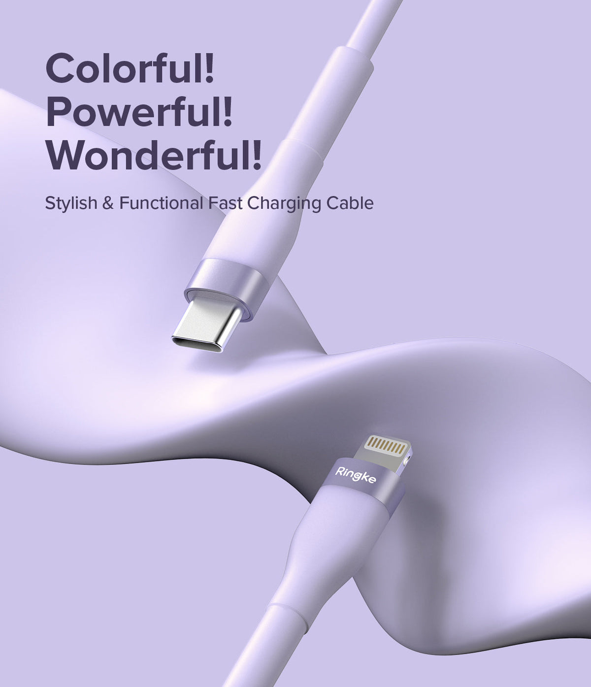 Ringke Fast Charging Pastel Cable - C Type-Lightning - Pastel purple USB-C to Lightning cable on a matching background.