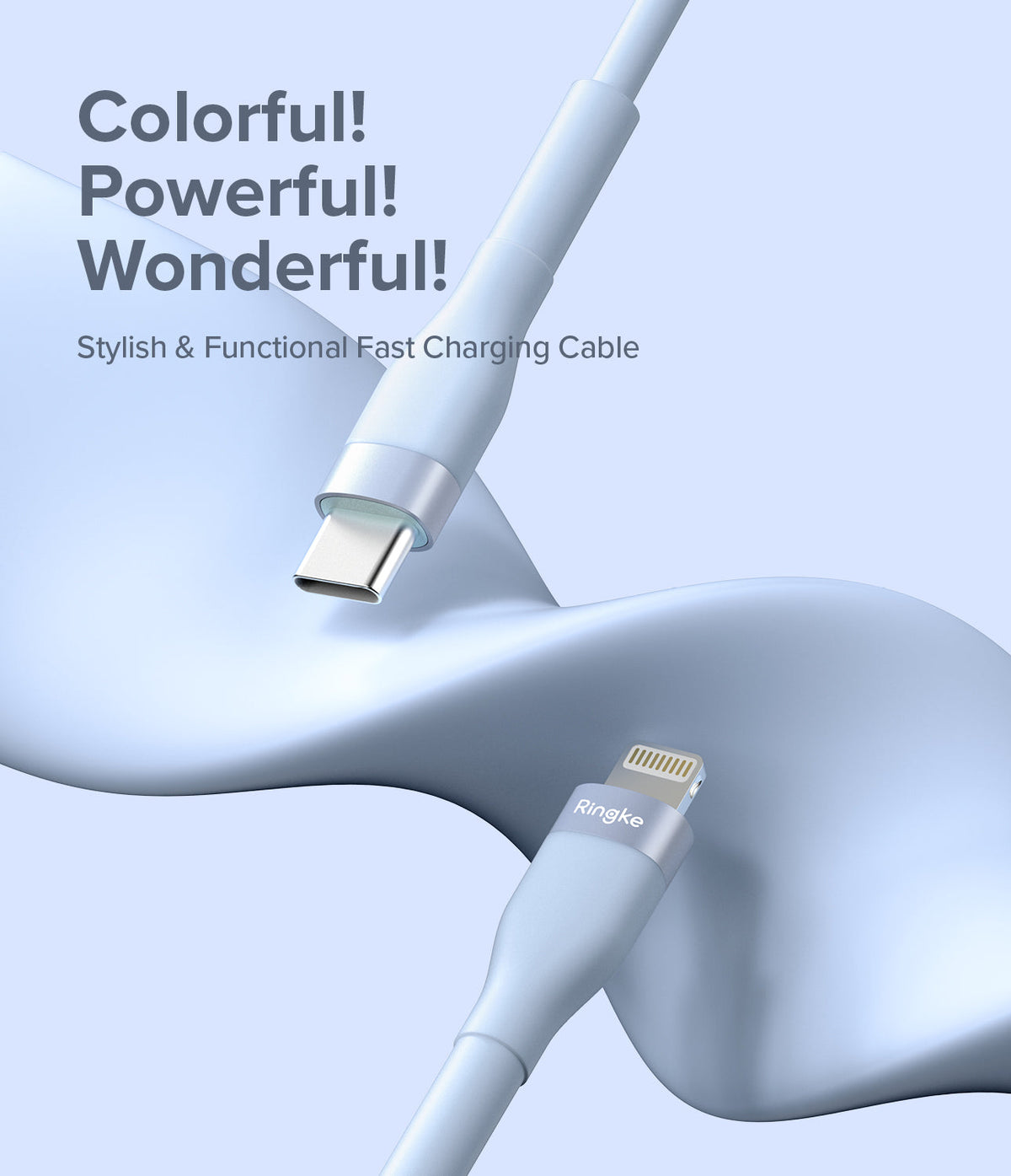 Ringke Fast Charging Pastel Cable - C Type-Lightning - Pastel blue USB-C to Lightning cable with metallic connectors.