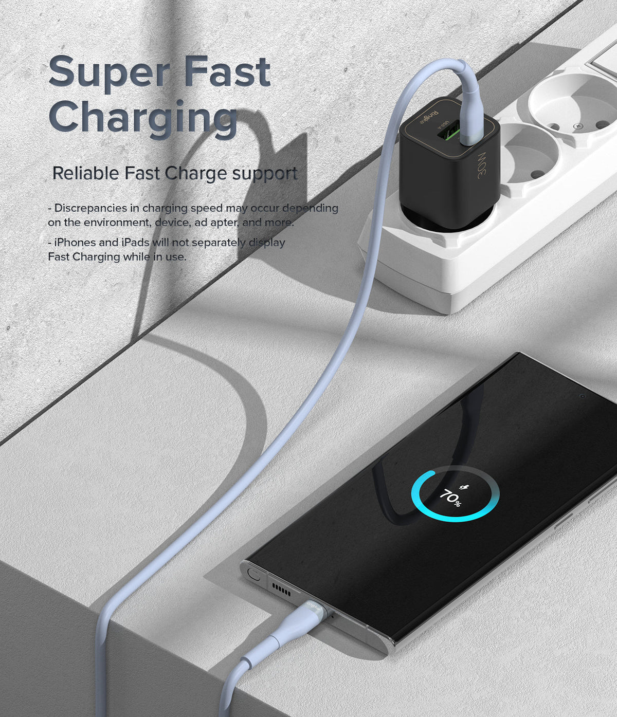 Ringke Fast Charging Pastel Cable - C Type-Lightning - Pastel blue cable connecting a wall charger to a smartphone.
