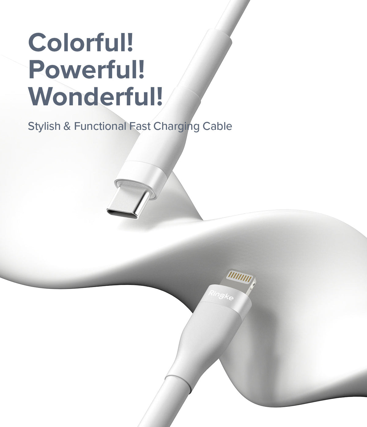 Ringke Fast Charging Pastel Cable - C Type-Lightning - White USB-C to Lightning cable with Ringke branding on a curved background.