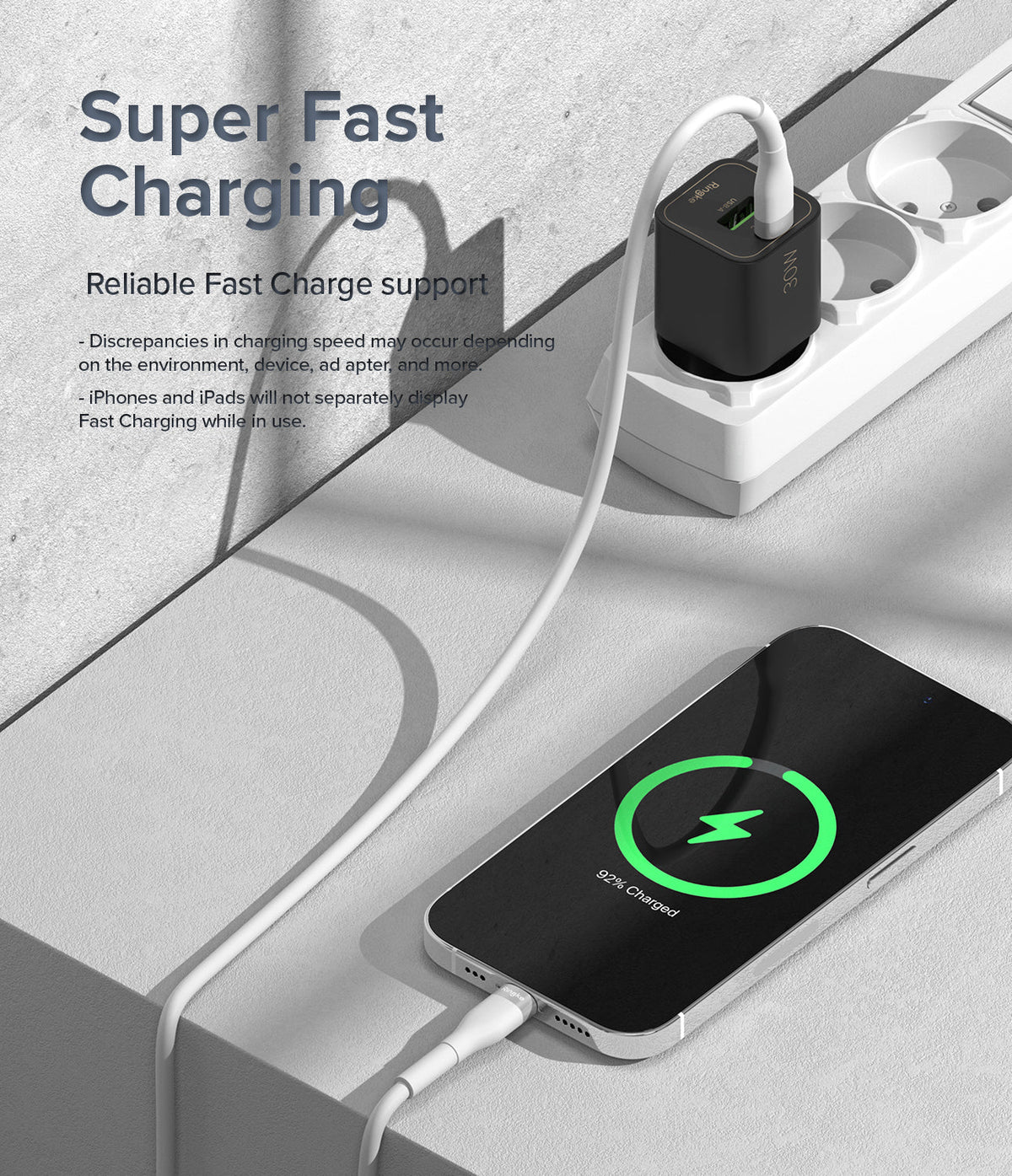 Ringke Fast Charging Pastel Cable - C Type-Lightning - Ringke Fast Charging Pastel Cable - A white charging cable connects a black wall adapter to an iPhone at 92% battery.
