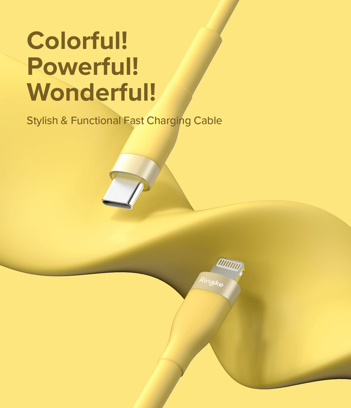 Ringke Fast Charging Pastel Cable - C Type-Lightning - Yellow USB-C to Lightning cable against a matching background.