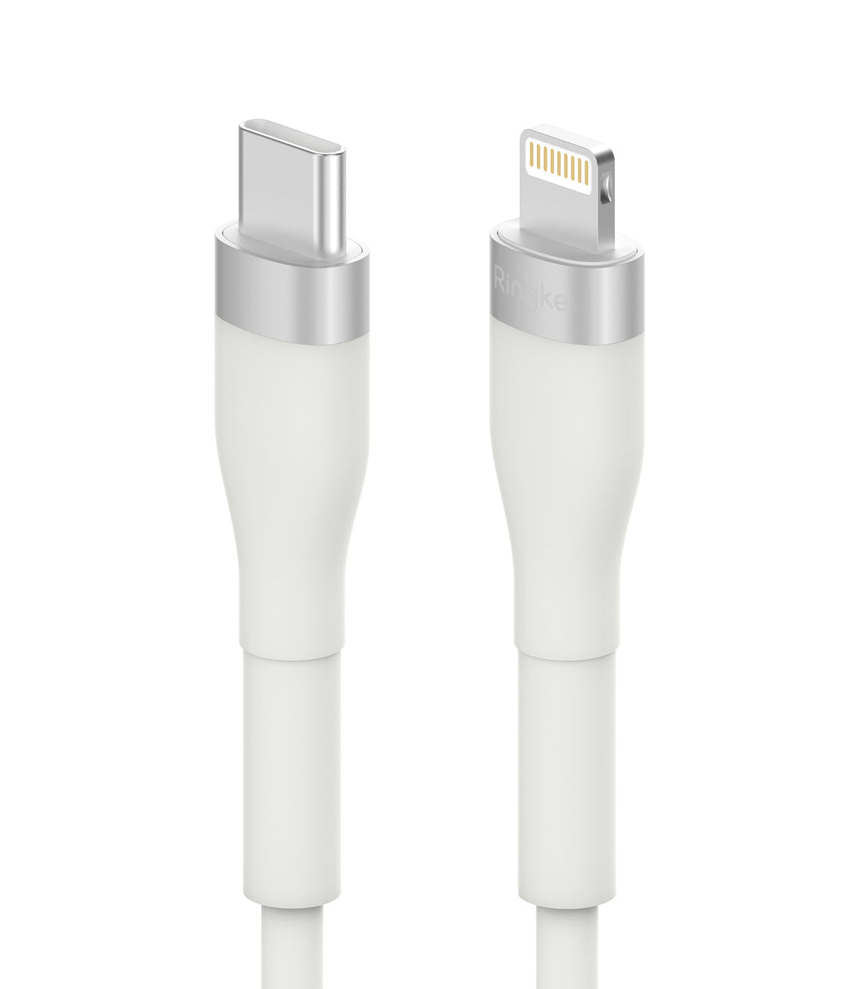Ringke Fast Charging Pastel Cable - C Type-Lightning - White USB-C and Lightning cable connectors with silver accents.