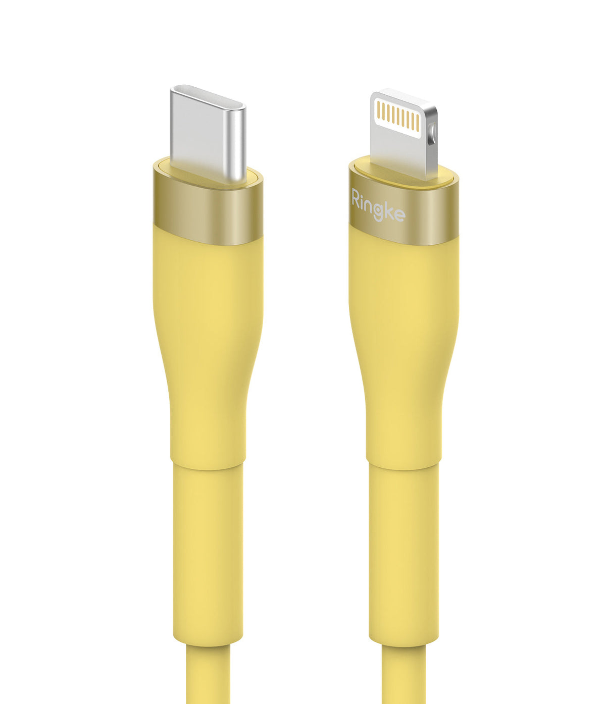 Ringke Fast Charging Pastel Cable - C Type-Lightning - Pastel yellow USB-C to Lightning cable with gold-tone connectors.