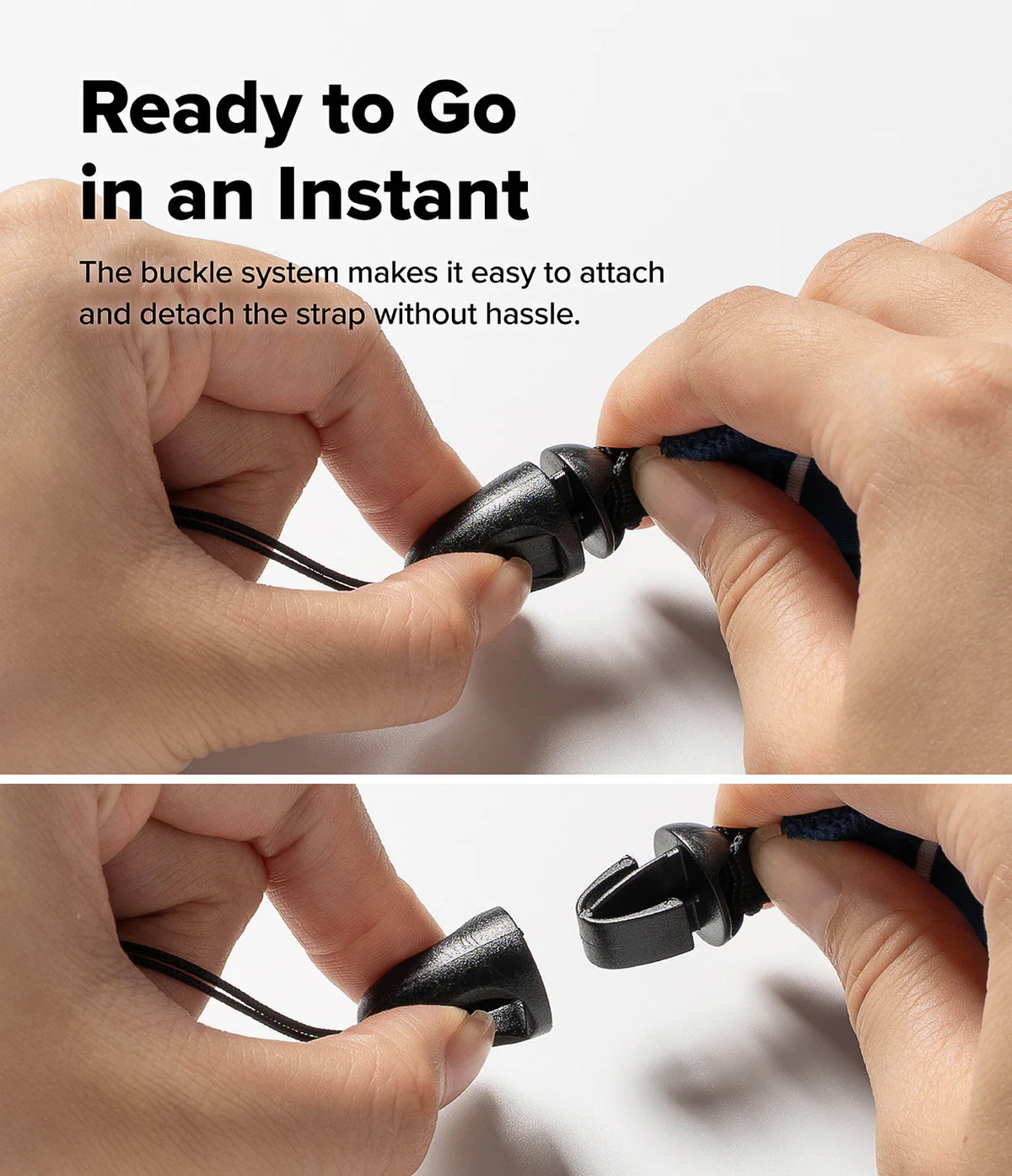 Banana / Black Floating Strap & Waterproof Sling Bag | Hands demonstrating a buckle system for attaching and detaching a strap on a white background.