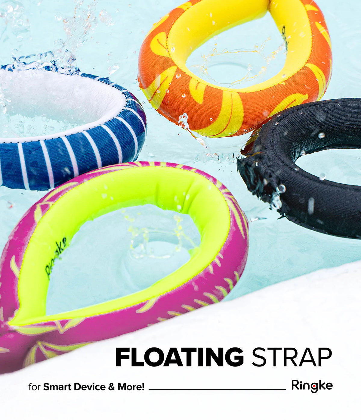 Banana / Navy Stripes Floating Strap & Waterproof Sling Bag | Four colorful inflatable rings floating in water with 'Ringke' branding.