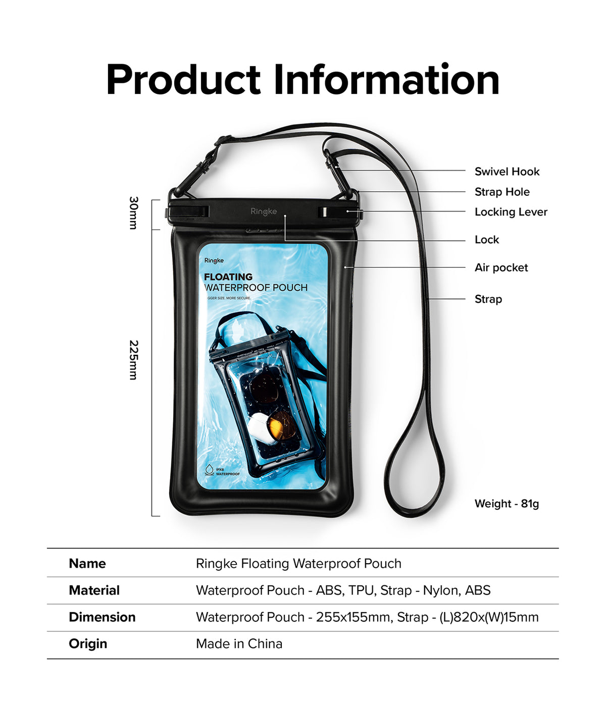 Waterproof Pouch Case | Floating - Diagram of a floating waterproof phone pouch with labeled parts and dimensions.