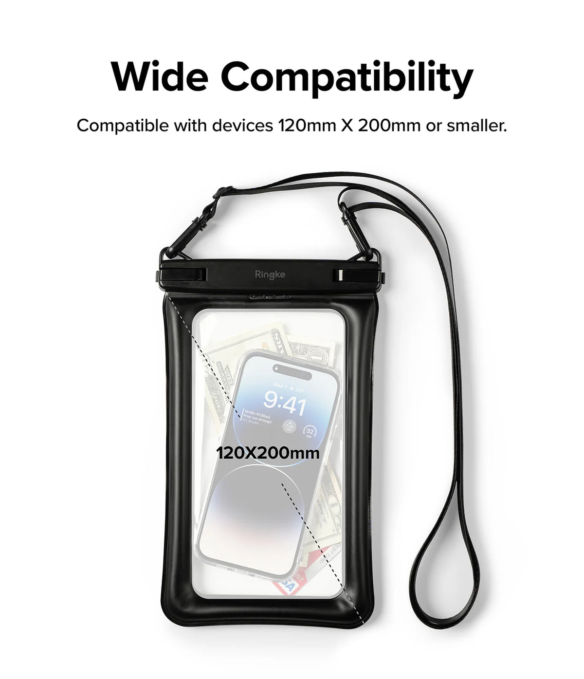 Palm Leaves / Black Floating Strap & Floating Waterproof Pouch | Black phone case with a clear front, showing a smartphone inside, on a white background with text about compatibility.