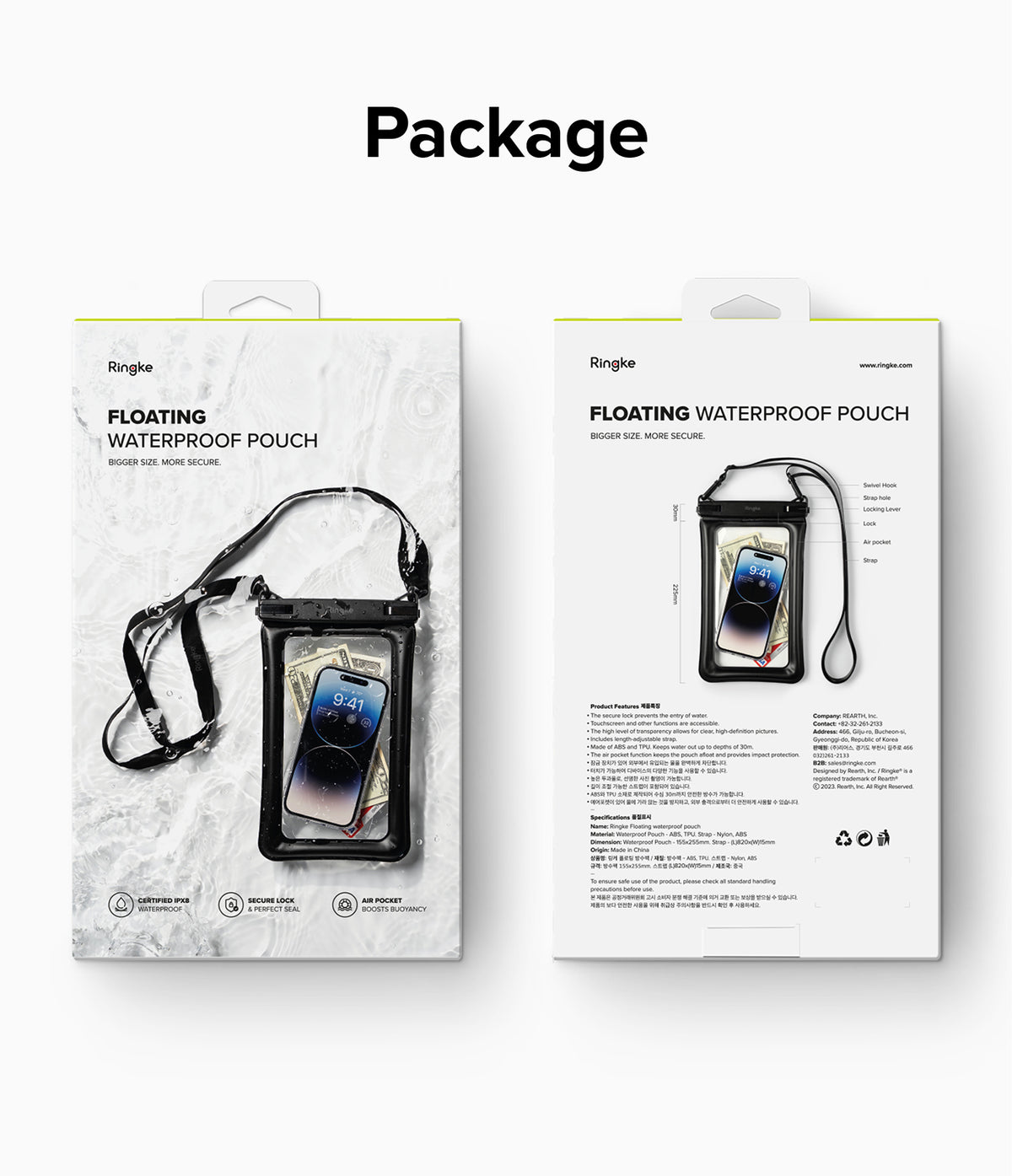 Waterproof Pouch Case | Floating - Front and back packaging of a Ringke floating waterproof phone pouch with strap.