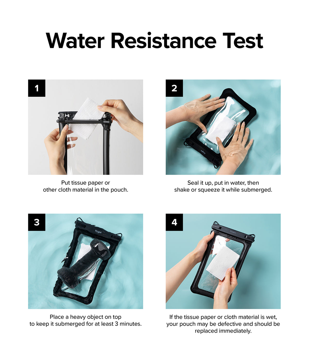 Waterproof Pouch Case | Floating - Waterproof Pouch Case - Four-step instructional guide showing how to test a waterproof pouch using tissue paper and water.