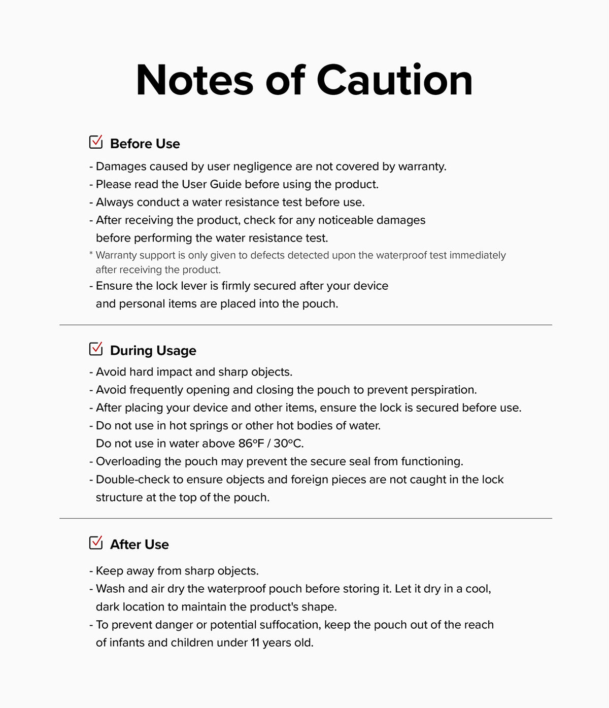 Waterproof Pouch Case | Floating - Waterproof Pouch Case - Informational text listing safety precautions for use before, during, and after using the pouch.
