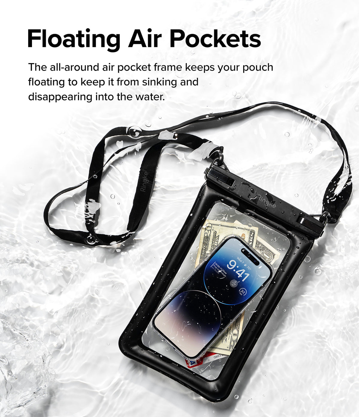 Waterproof Pouch Case | Floating - A waterproof pouch with air pockets floating on water, containing a smartphone, cash, and cards.