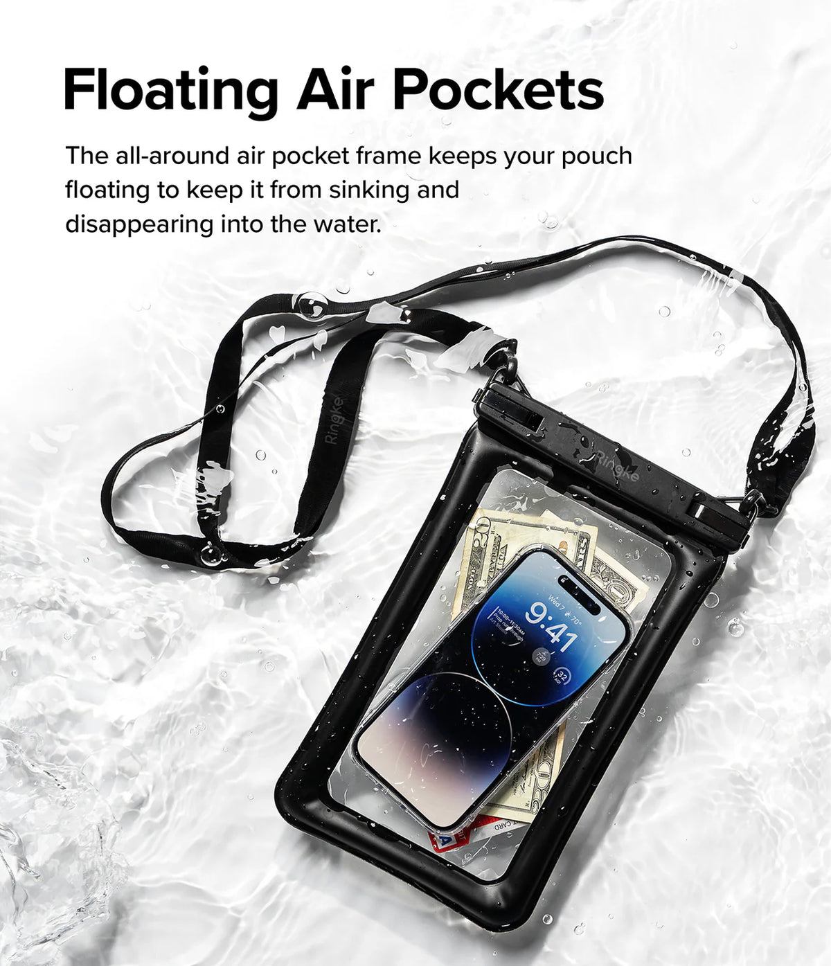 Navy Stripes / Black Floating Strap & Floating Waterproof Pouch | Waterproof phone pouch with air pockets on a white background