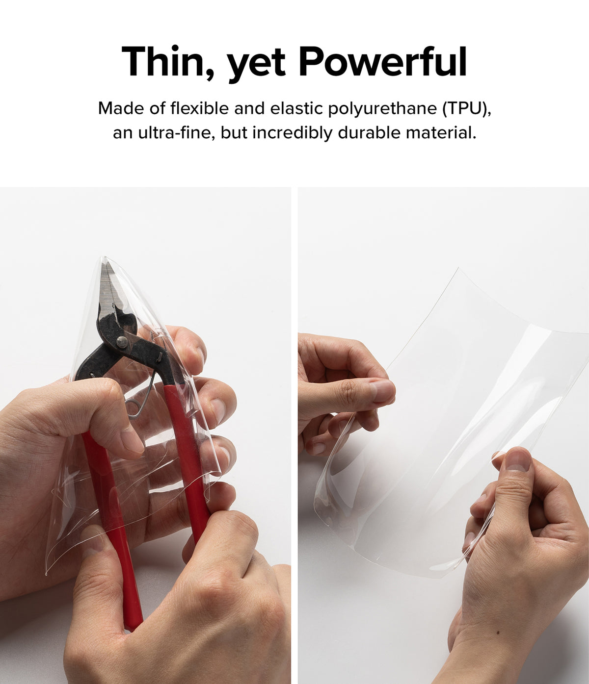 Waterproof Pouch Case | Floating - Waterproof Pouch Case - Hands stretching a thin, transparent TPU sheet over metal pliers to demonstrate material durability.