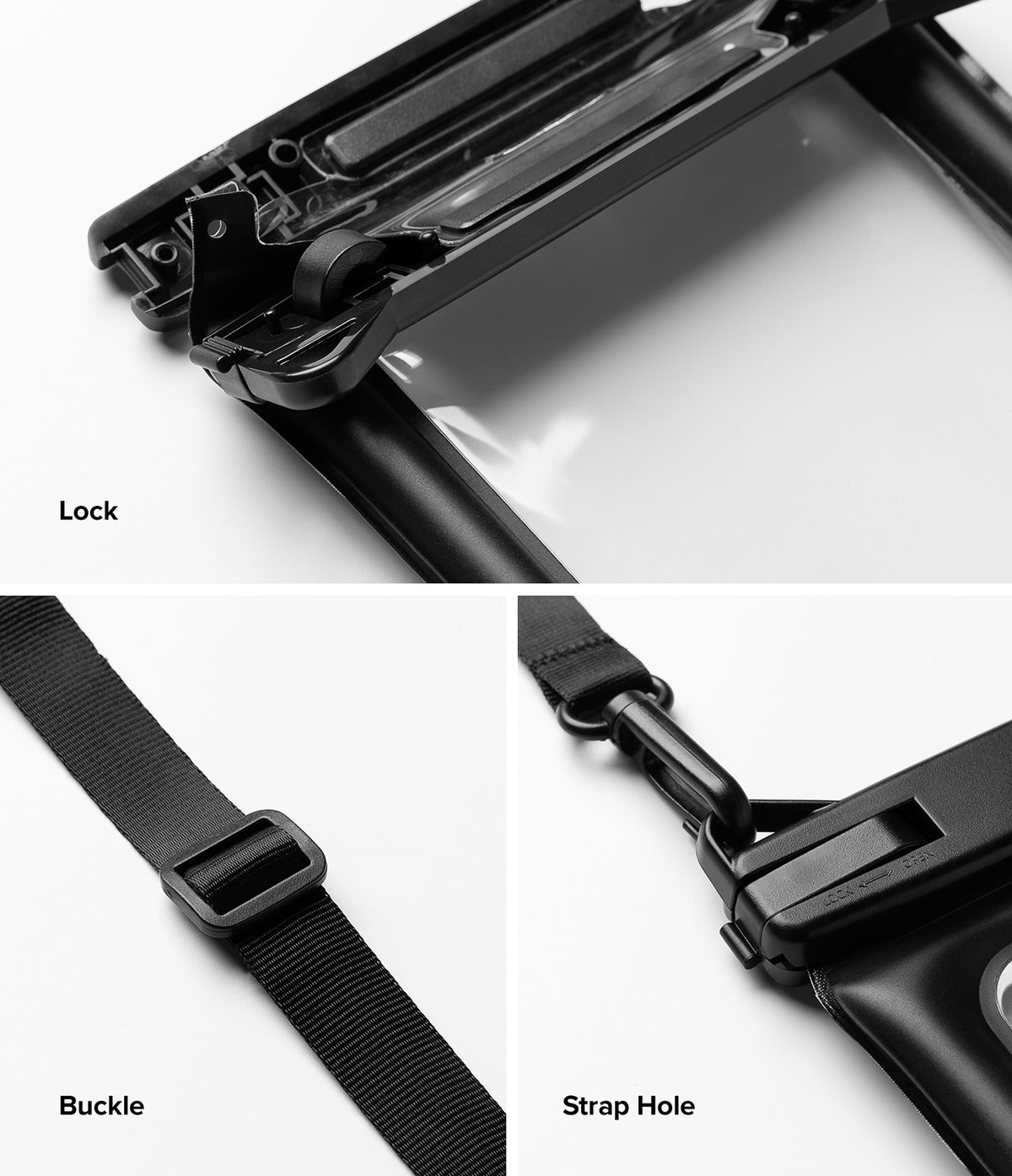 Waterproof Pouch Case | Floating - Waterproof Pouch Case - Close-up views of the pouch locking mechanism, adjustable strap buckle, and attachment point.