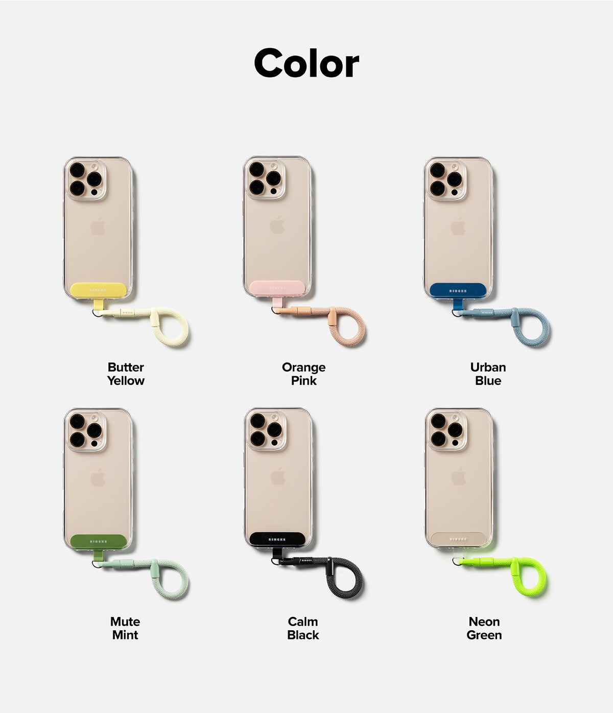 Holder Link Flow Finger Ring - Six smartphones with matching colored finger ring straps in yellow, pink, blue, mint, black, and green.