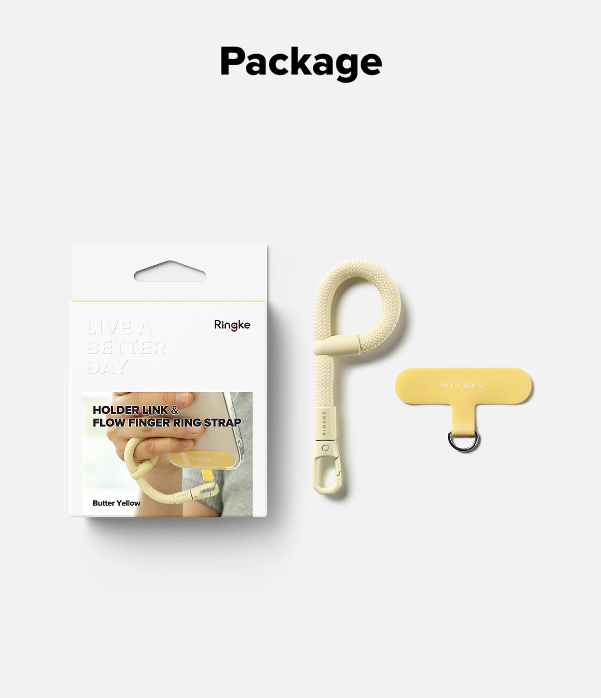 Holder Link Flow Finger Ring - Butter yellow phone strap, adhesive anchor, and retail packaging box.