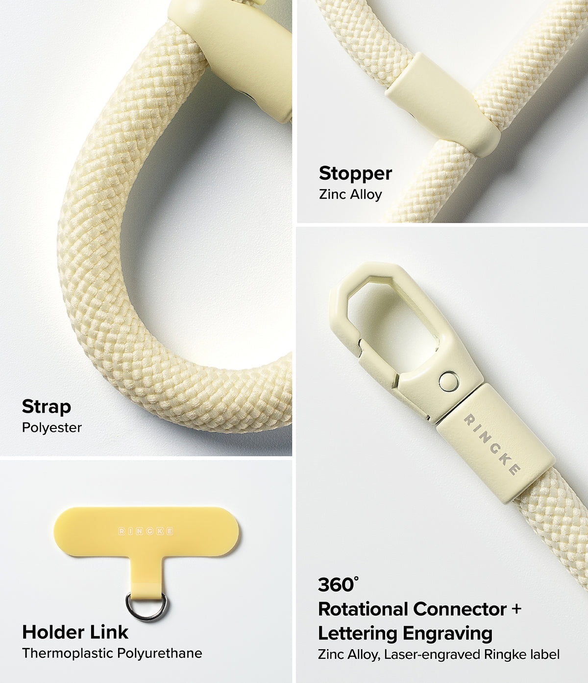 Holder Link Flow Finger Ring - Close-up of cream polyester strap, zinc alloy stopper, holder link, and rotating connector.
