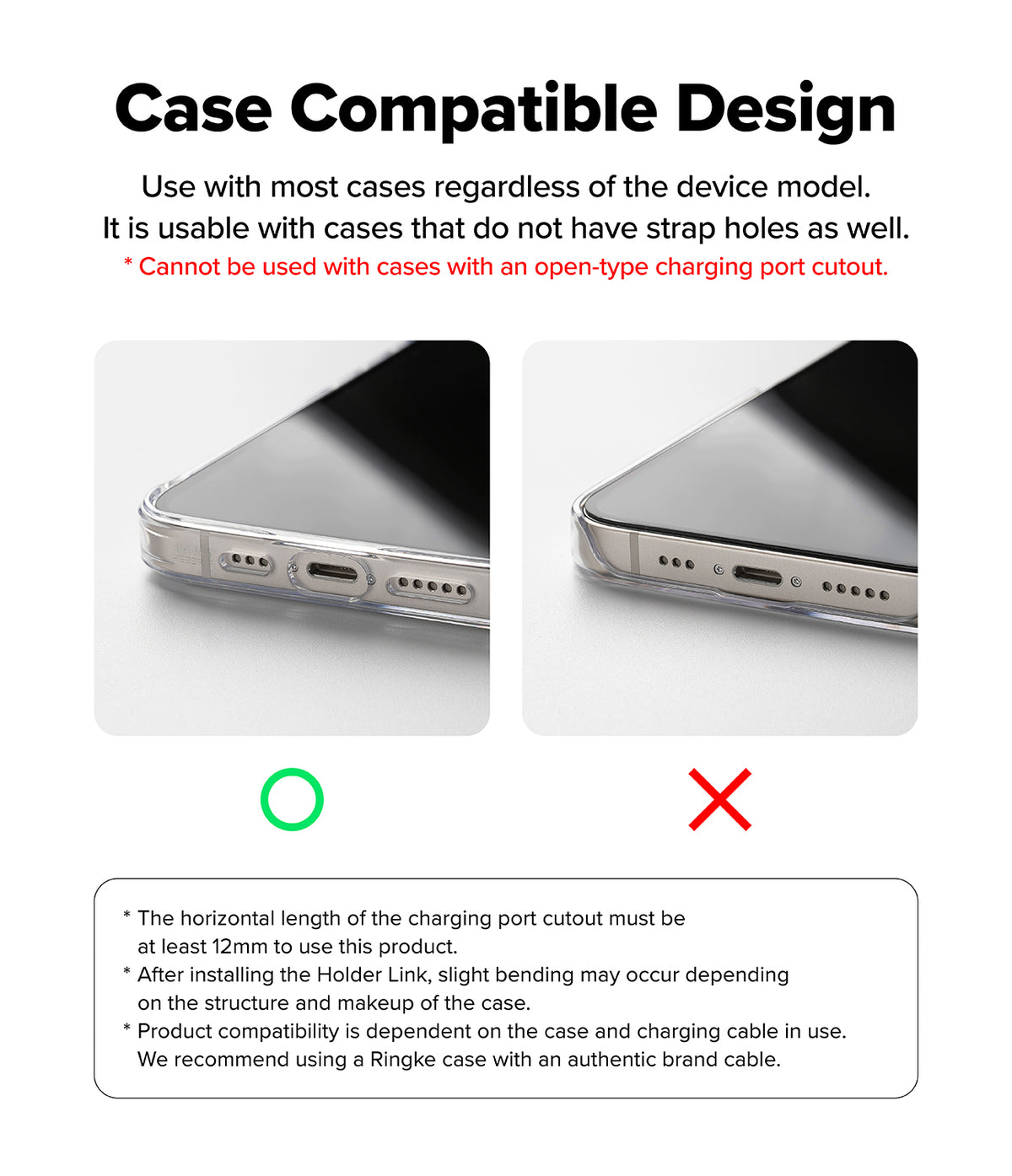 Holder Link Flow Finger Ring - Comparison of phone case charging ports showing compatible and incompatible cutout styles.