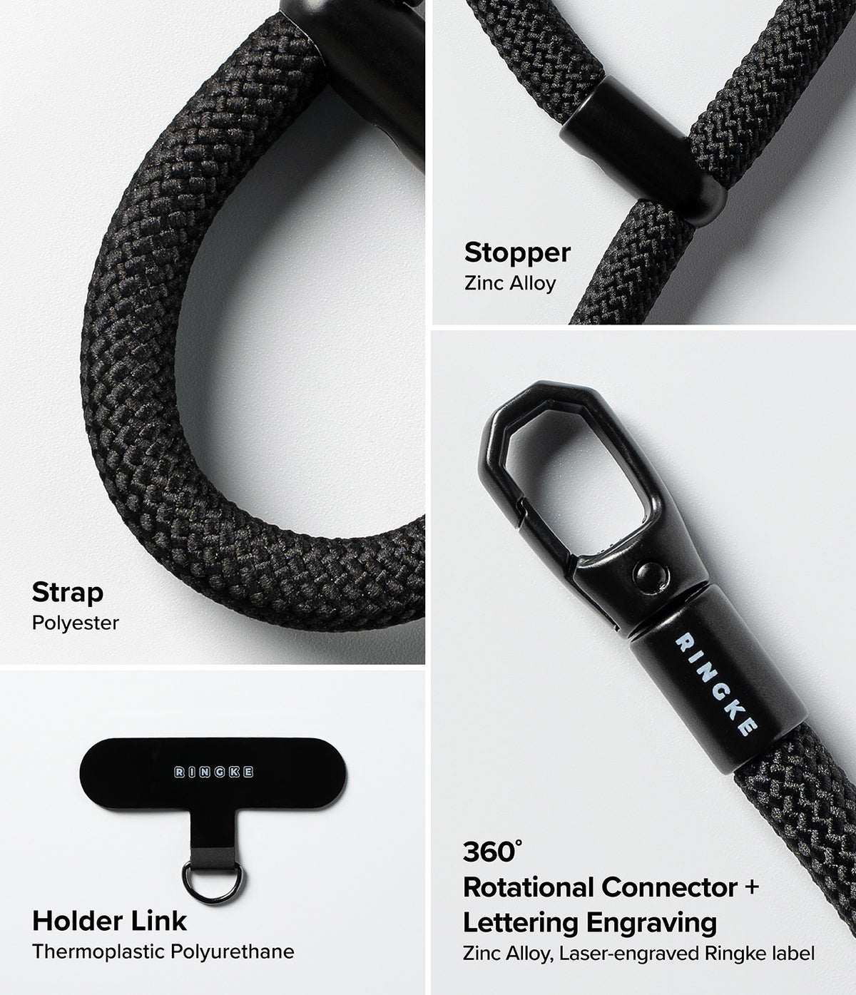 Holder Link Flow Finger Ring - Close-up views of a black polyester strap, zinc alloy stopper, holder link, and 360-degree connector.