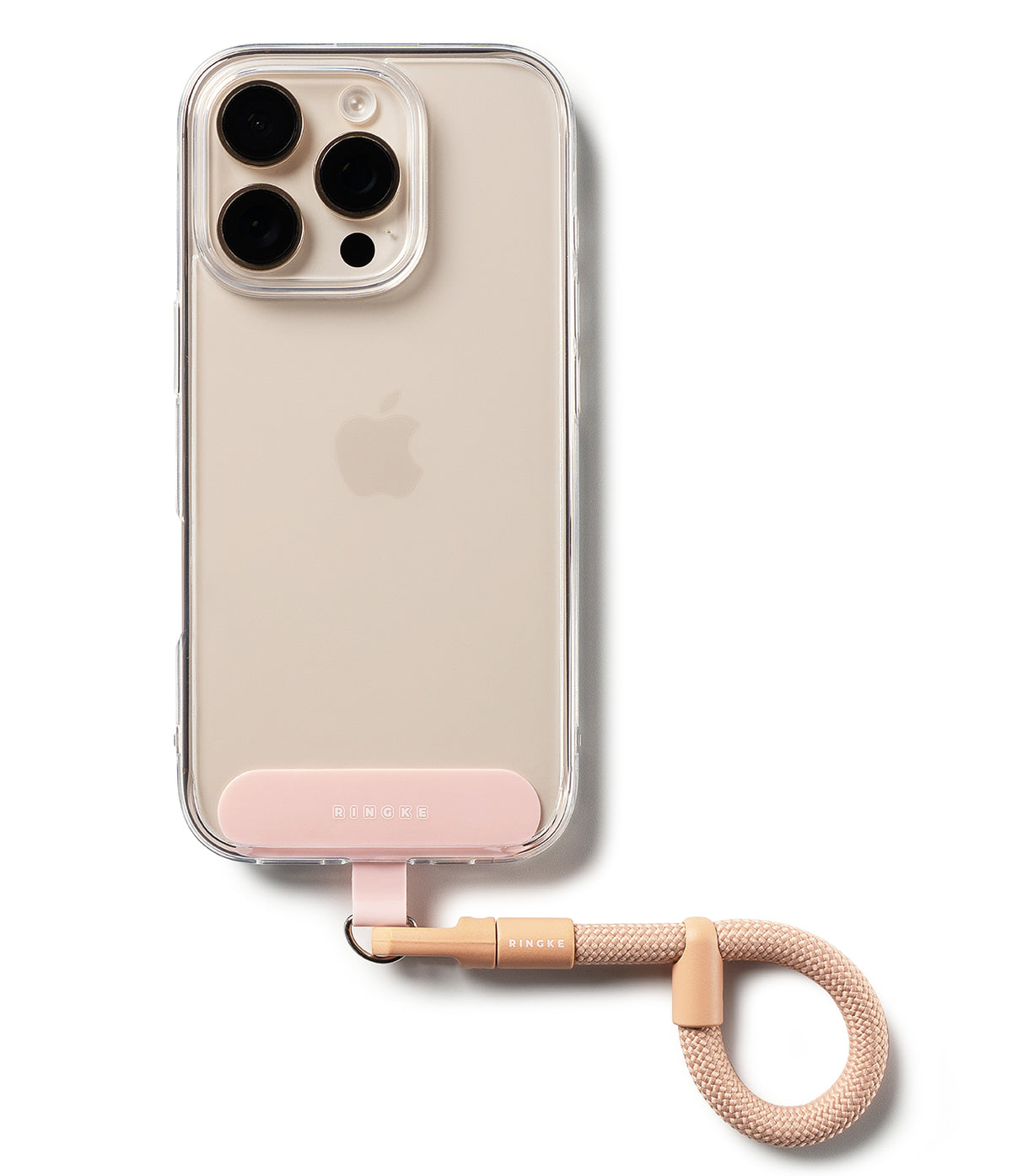 Holder Link Flow Finger Ring - A beige smartphone in a clear case with a pink Ringke attachment and a braided beige finger strap.