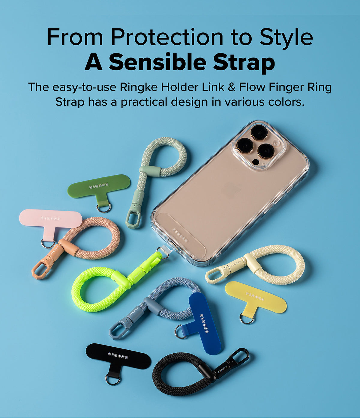 Holder Link Flow Finger Ring - A clear phone case surrounded by colorful, braided finger ring straps on a blue background.