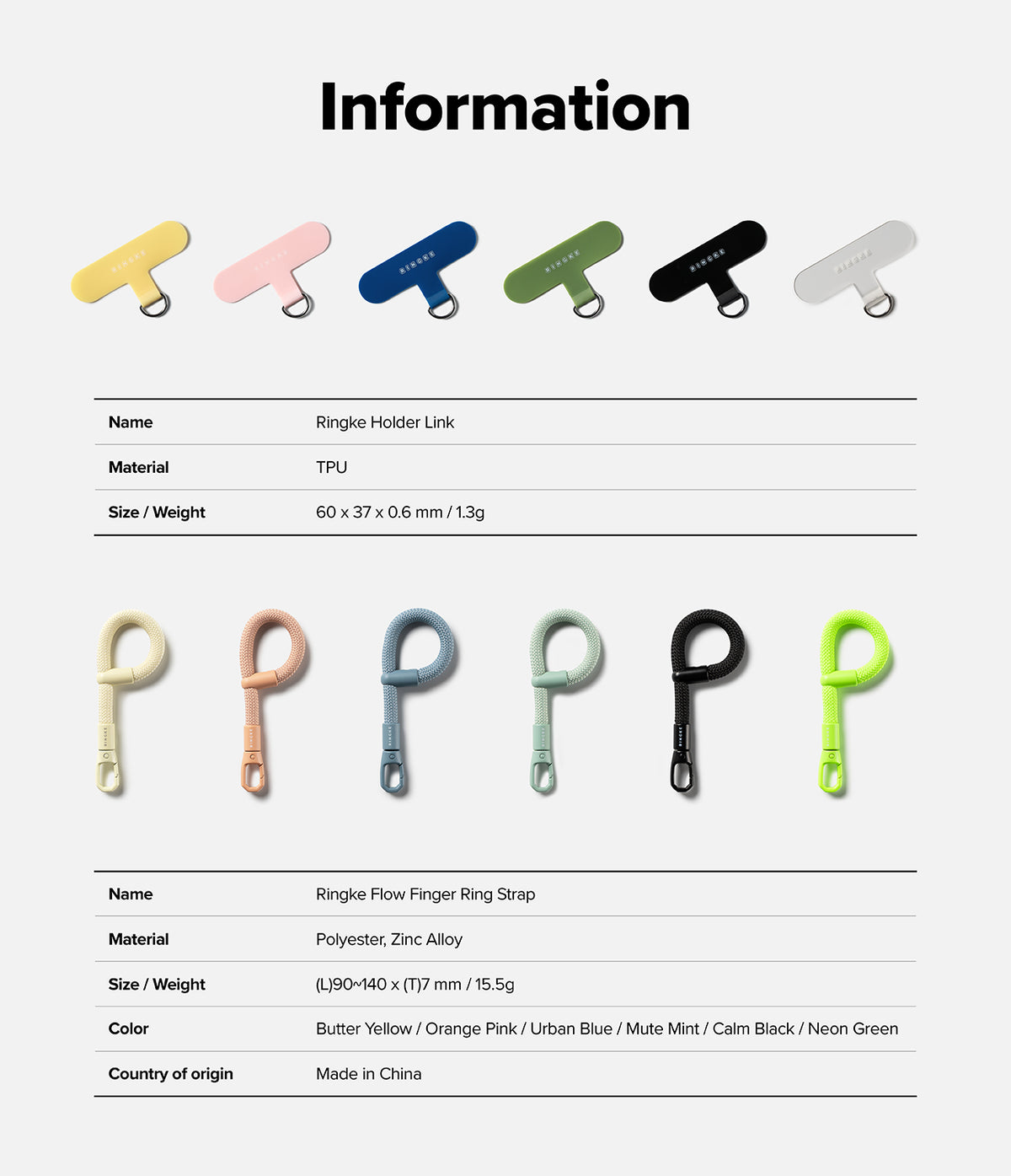 Holder Link Flow Finger Ring - Product information chart showing TPU holder links and polyester finger ring straps in colors.
