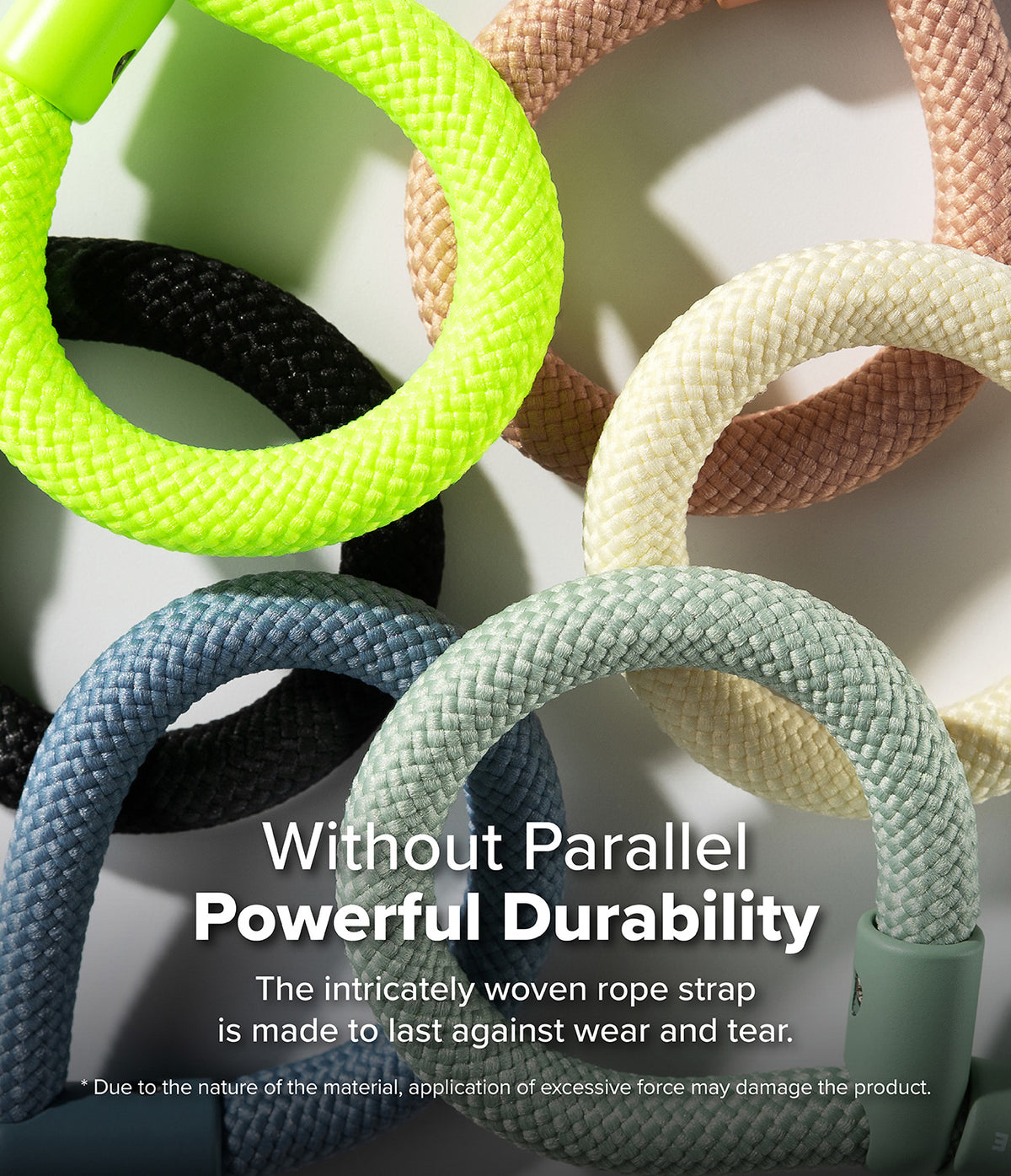 Holder Link Flow Finger Ring - Overlapping woven rope finger rings in neon green, black, tan, cream, blue, and sage green.