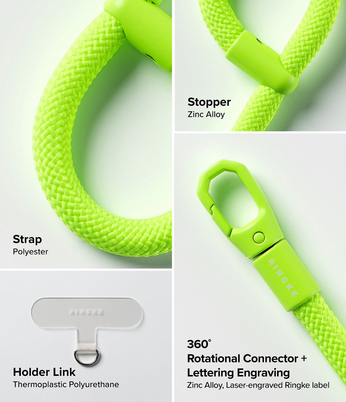 Holder Link Flow Finger Ring - Neon green polyester strap, zinc alloy stopper, 360-degree connector, and TPU holder link.