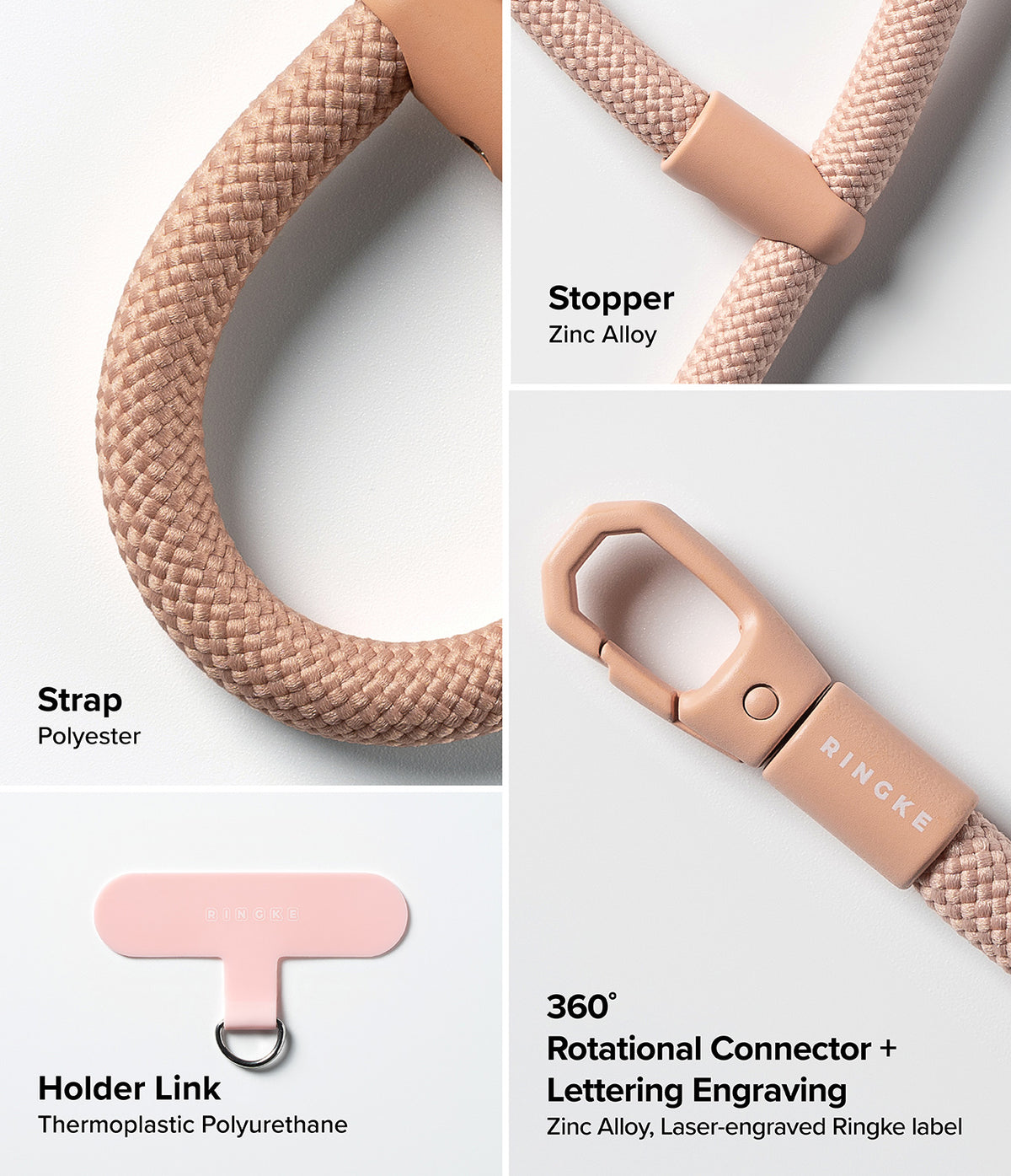 Holder Link Flow Finger Ring - Close-up views of a pink polyester strap, zinc alloy stopper, holder link, and swivel clip.