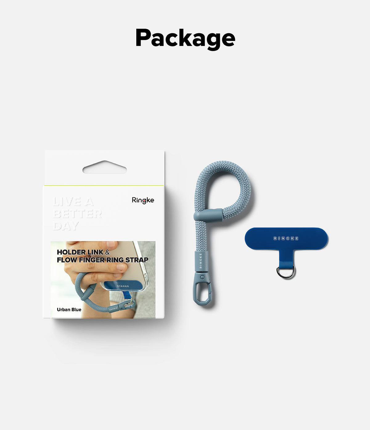 Holder Link Flow Finger Ring - Urban Blue phone strap package with a braided loop, metal clip, and adhesive anchor.