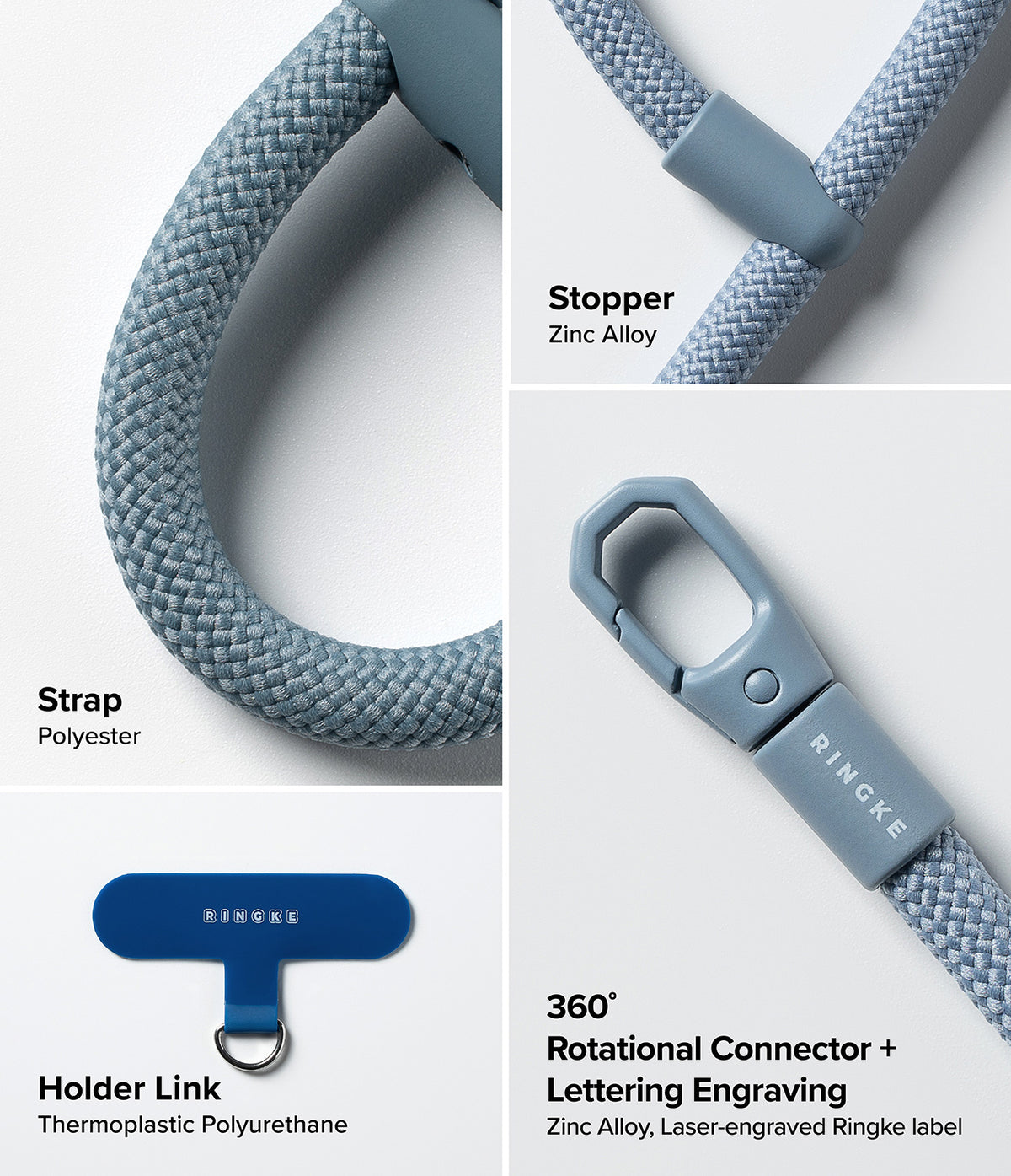 Holder Link Flow Finger Ring - Close-up of blue polyester strap, zinc alloy stopper, rotational connector, and TPU holder.