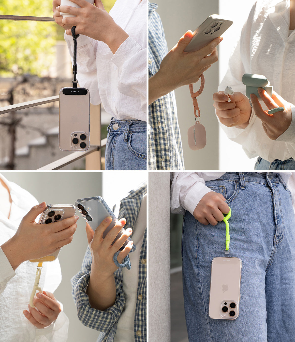 Holder Link Flow Finger Ring - Collage showing people using colorful finger ring straps to carry phones and earbud cases.