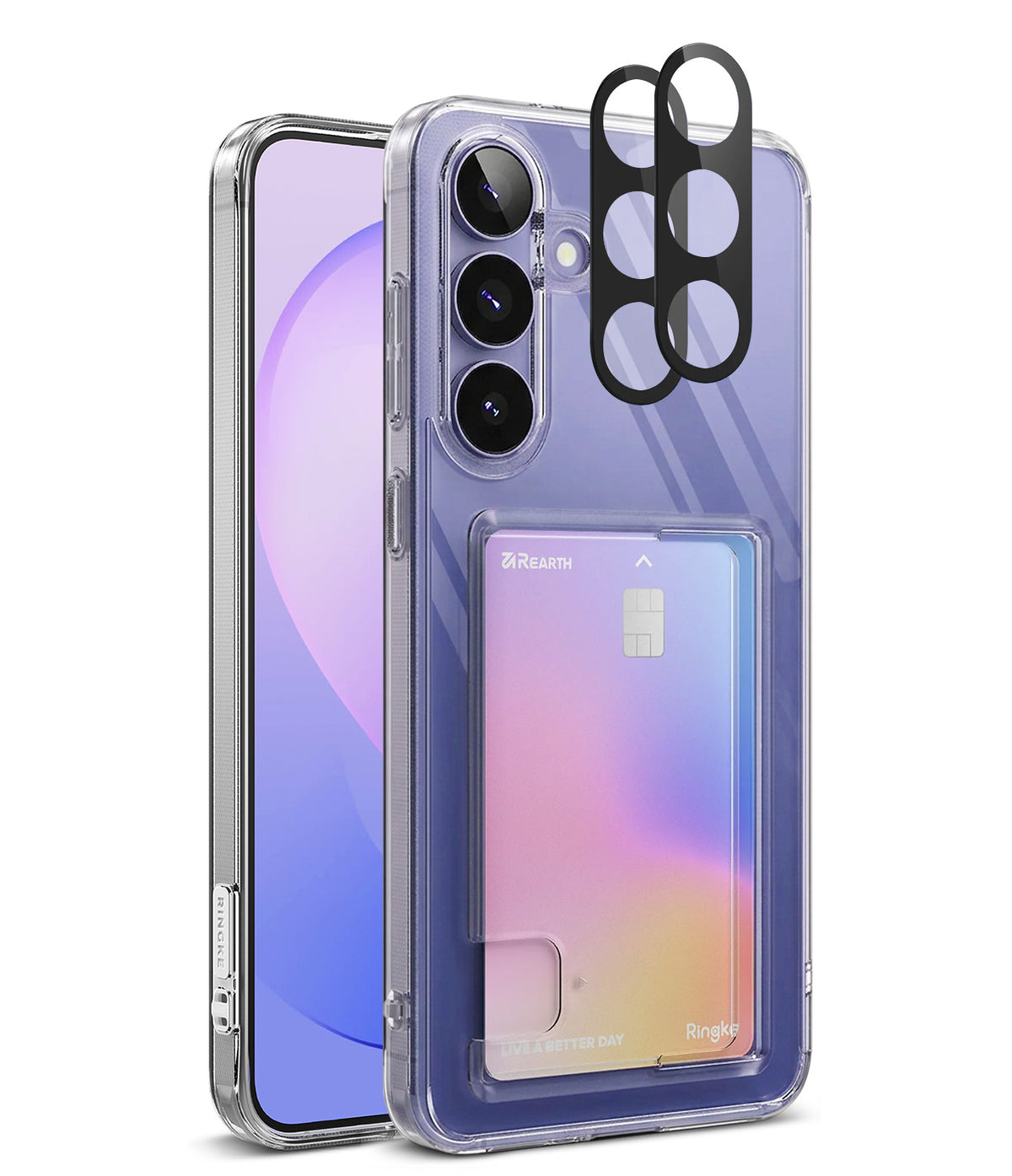 Bundle 15% Galaxy S26 FE Case + Screen / Camera Protectors | Fusion Card - A clear protective phone case with a built-in card slot holding a pink and purple card, shown alongside a smartphone. The case features a black camera ring accessory and is displayed on a clean white background.