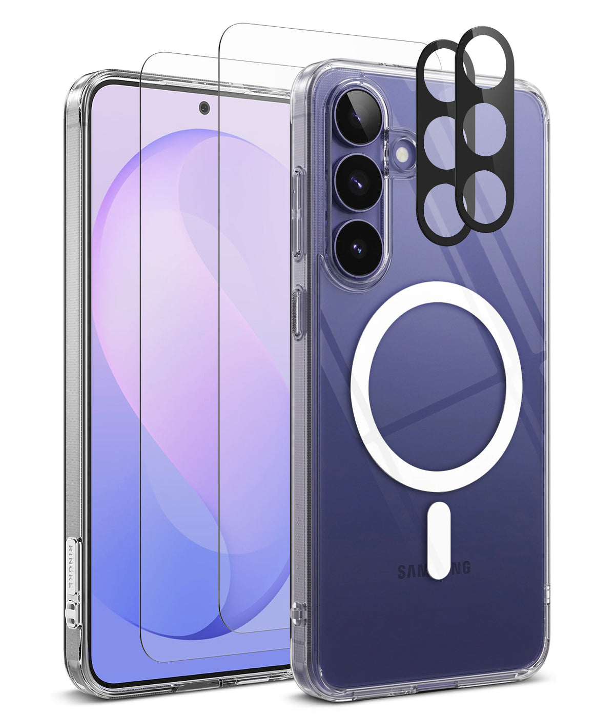 Bundle 15% Galaxy S26 FE Case + Screen / Camera Protectors | Fusion Magnetic - Clear protective phone case with MagSafe compatibility, shown on a blue smartphone alongside a matching clear screen protector and camera lens protector film.