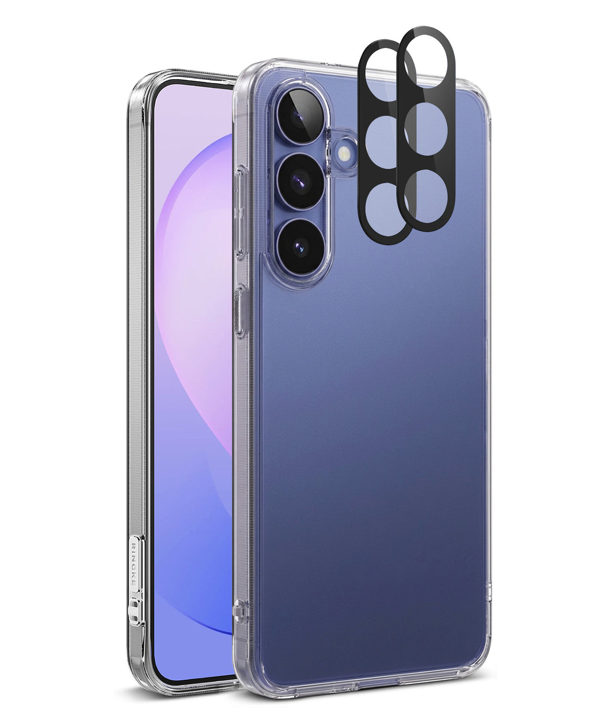 Bundle 15% Galaxy S26 FE Case + Screen / Camera Protectors | Fusion Matte - A clear protective phone case shown on a smartphone from the back, with a black camera lens protector overlay displayed above the camera cutout. The phone screen is visible on the left, showing a purple and blue wallpaper.