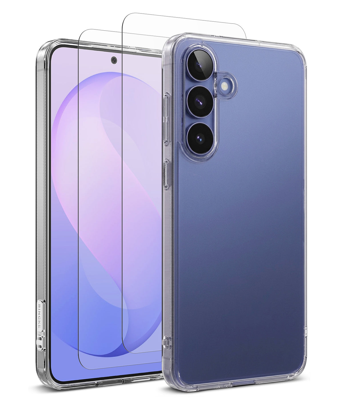 Bundle 15% Galaxy S26 FE Case + Screen / Camera Protectors | Fusion Matte - A clear protective phone case shown on the back of a blue smartphone, alongside two transparent screen protectors, on a clean white background.