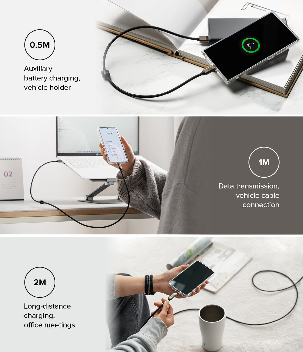 Ringke Fast Charging Basic Cable USB-A to USB-C - Three panels showing 0.5m, 1m, and 2m cable lengths in various use cases.