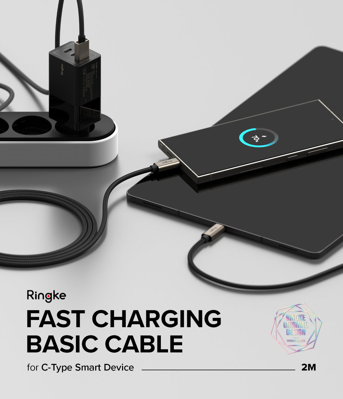 Ringke Fast Charging Basic Cable USB-A to USB-C - Braided cable charging a smartphone and tablet from a wall adapter.
