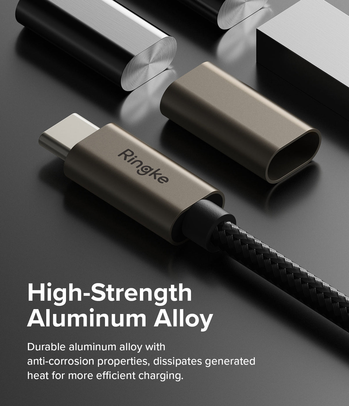 Ringke Fast Charging Basic Cable USB-A to USB-C - Close-up of a braided USB-C cable with a metallic aluminum connector.