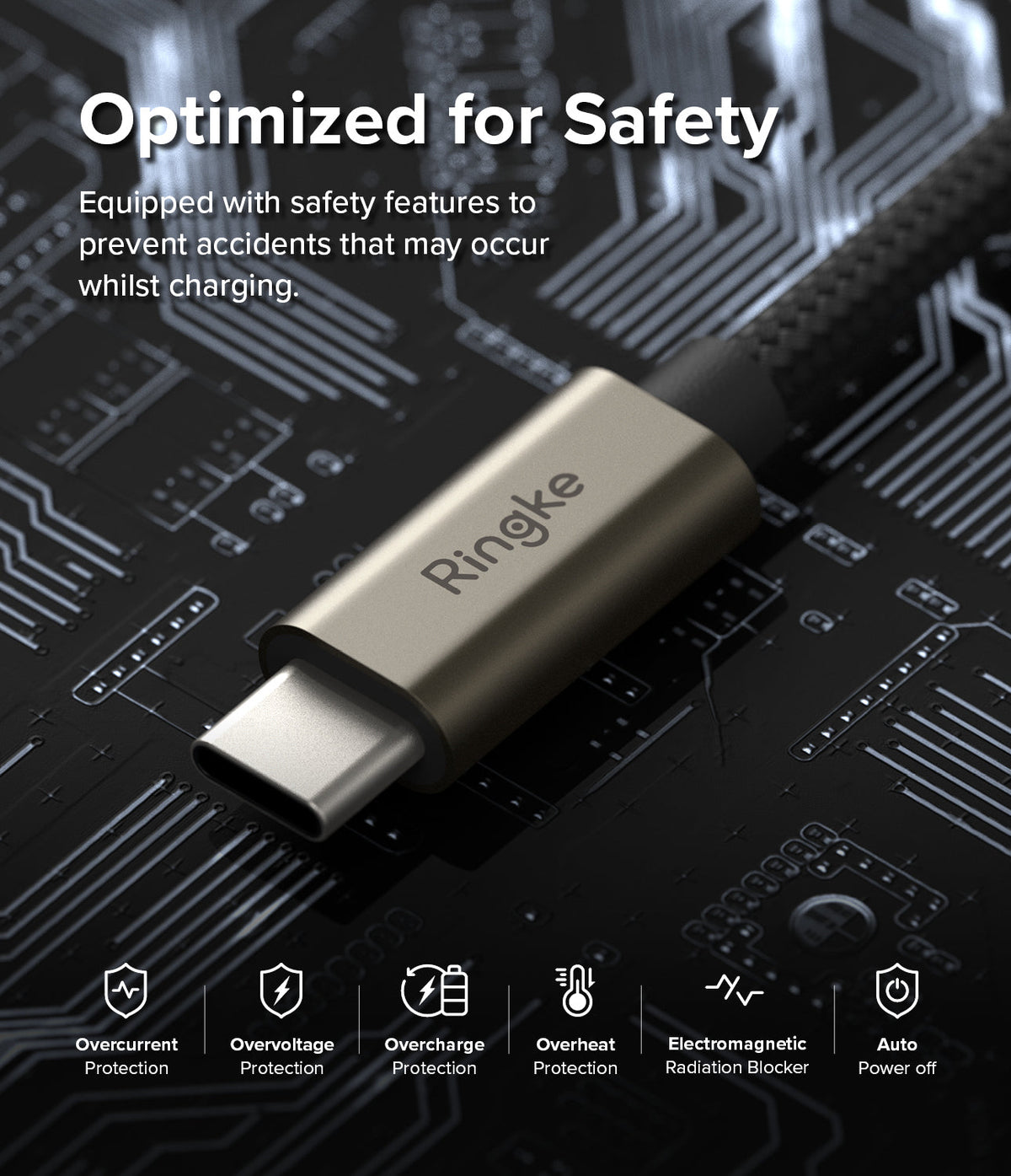Ringke Fast Charging Basic Cable USB-C to USB-C - Metallic USB-C connector on a circuit board with safety feature icons.