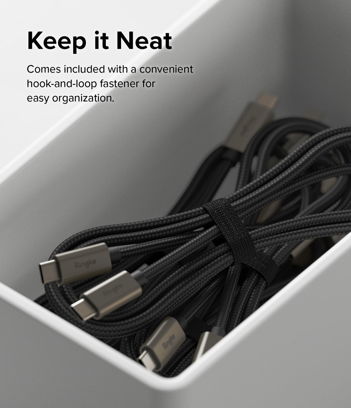 Ringke Fast Charging Basic Cable USB-C to USB-C - Braided black USB-C cables coiled and secured with a hook-and-loop strap.