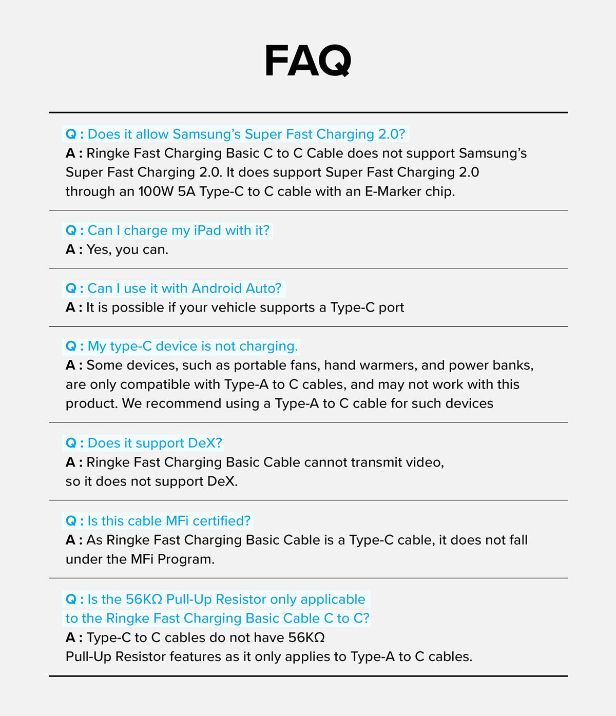 Ringke Fast Charging Basic Cable USB-C to USB-C - FAQ list answering technical compatibility questions about the cable.