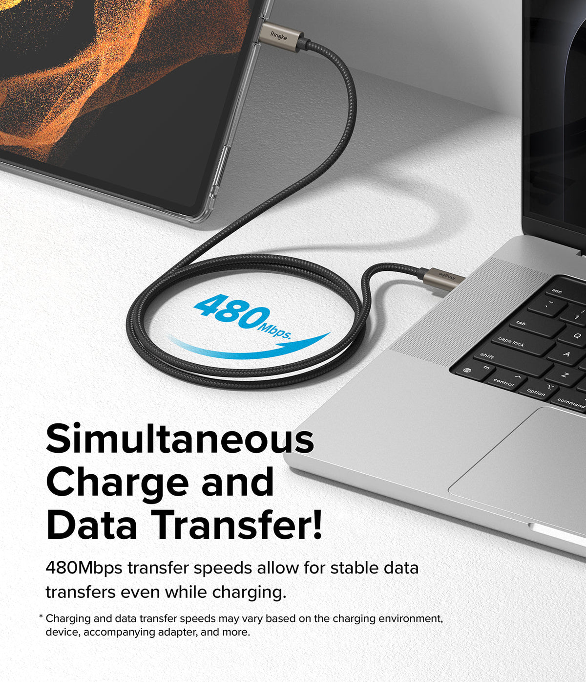 Ringke Fast Charging Basic Cable USB-C to USB-C - Braided cable connecting a tablet to a laptop for charging and data.