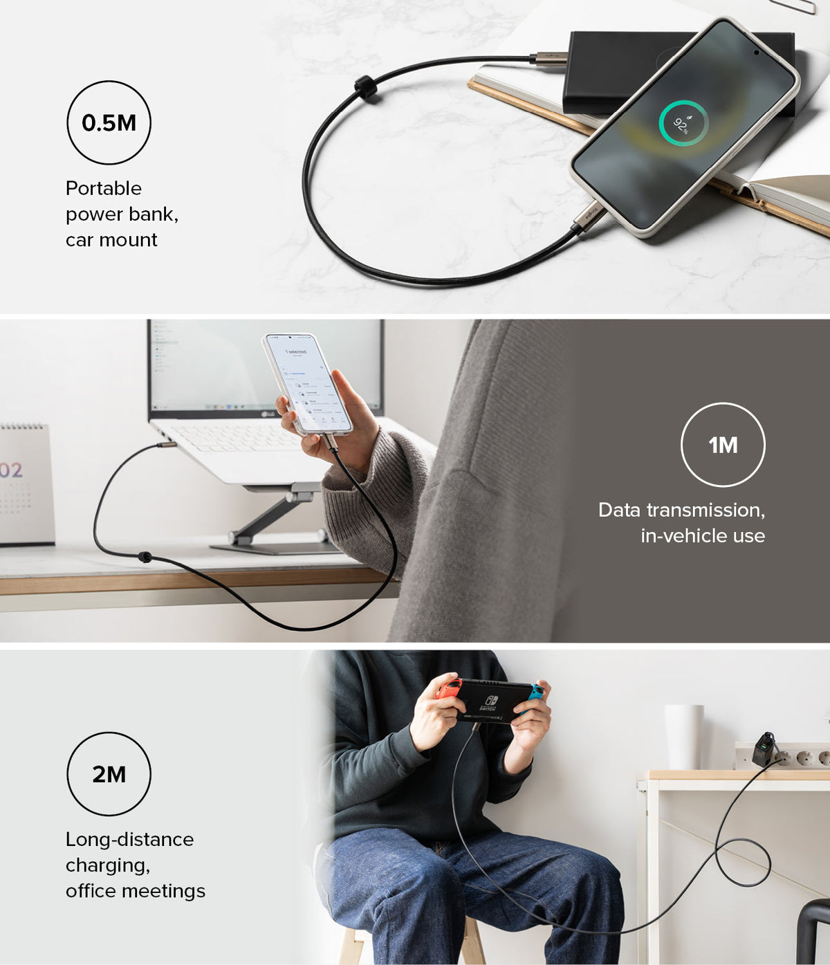 Ringke Fast Charging Basic Cable USB-C to USB-C - Three panels showing 0.5m, 1m, and 2m cable lengths in various use cases.