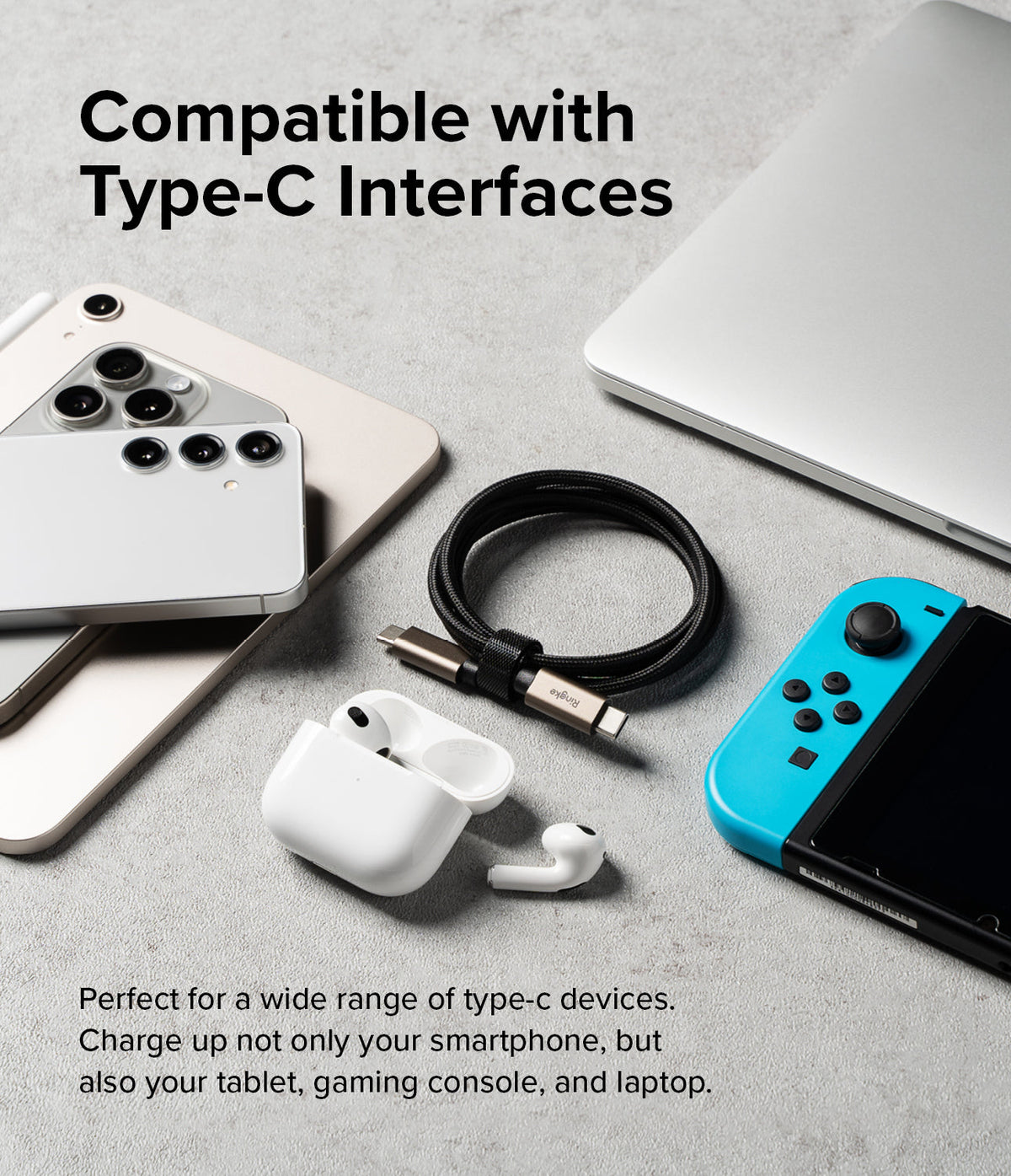 Ringke Fast Charging Basic Cable USB-C to USB-C - Braided cable with smartphone, tablet, earbuds, console, and laptop.