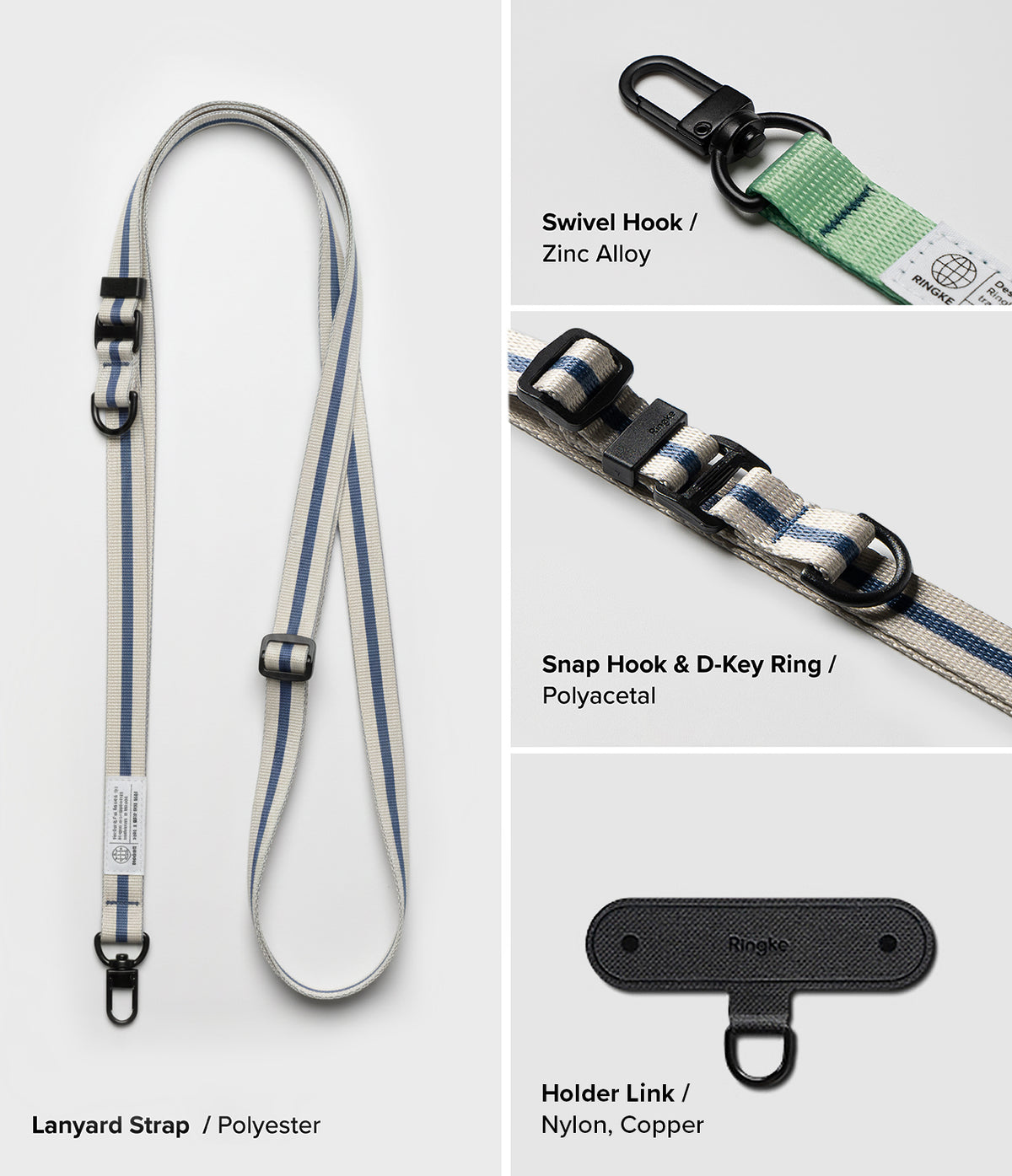 Holder Link & Snap Hook Lanyard Strap - Blue and white striped lanyard with black zinc alloy hooks and nylon holder link.
