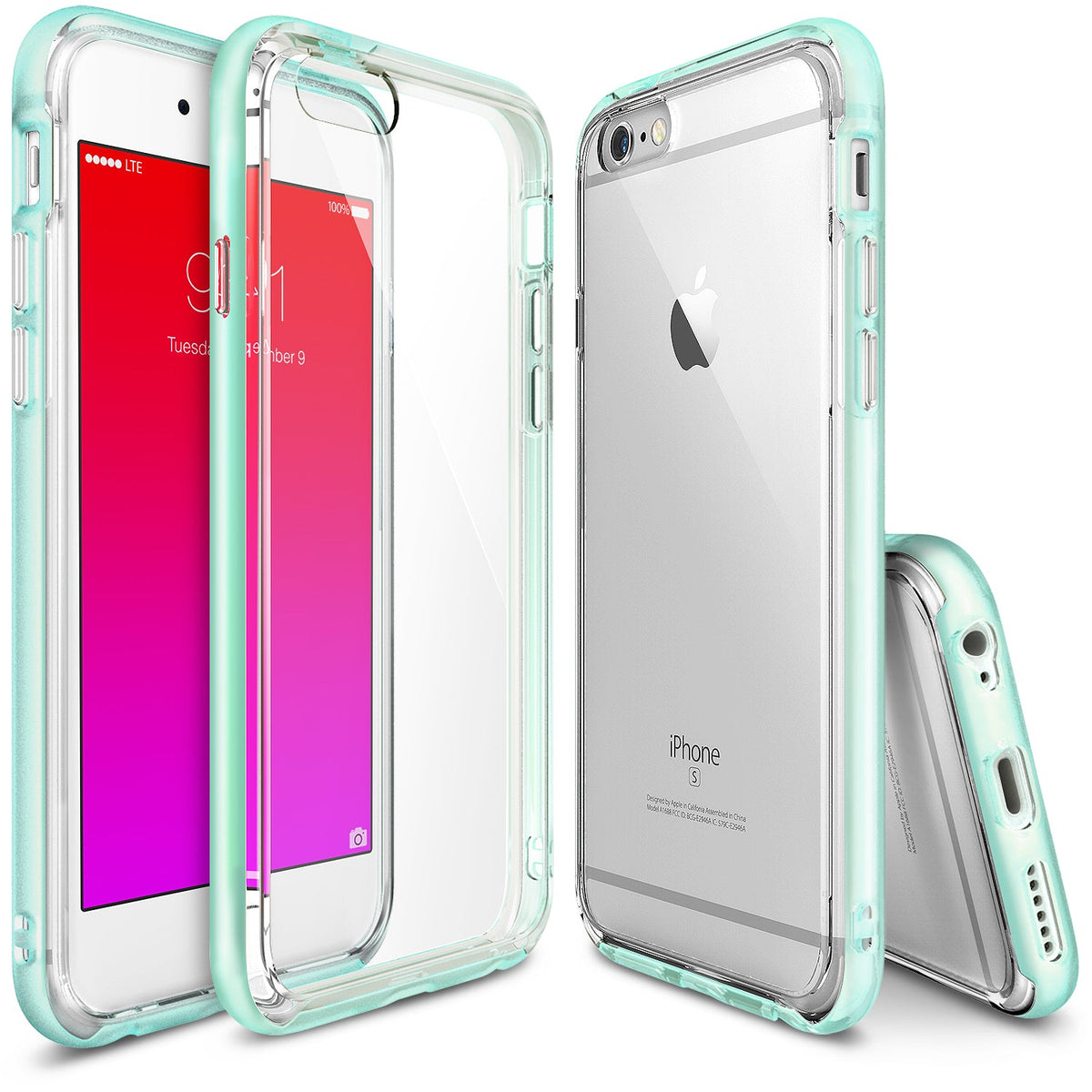 iPhone 6s / 6 Case | Frame - Translucent mint green protective phone case shown from front, back, and bottom angles on an iPhone.